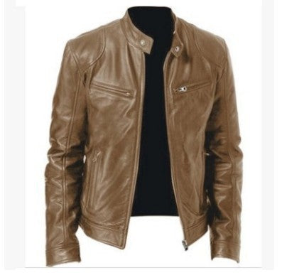 Spring and Autumn Business Gentleman Warm Zipper Cardigan Pocket Decorative Pu Leather Jacket Stand Collar Slim Fit Zipper Leather Jacket