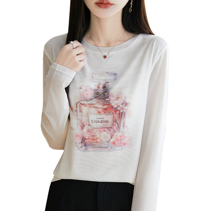 European Station Spring New Rhinestone Printed Tencel Long-Sleeve T-Shirt for Women Casual Fashion White Base Shirt Top Ins