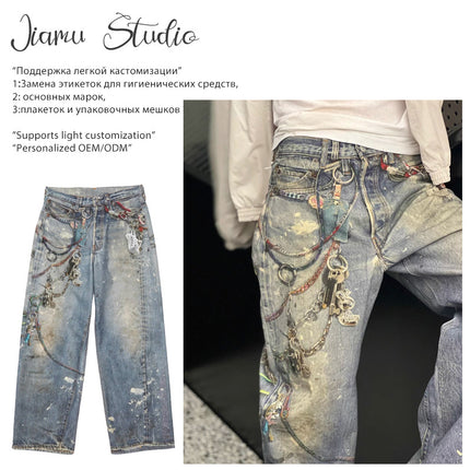 Jiamu Ac Home 3D Printed Flower 24Fw Chain Old Mud Dyed Splash Ink Baggy Loose Jeans for Men and Women