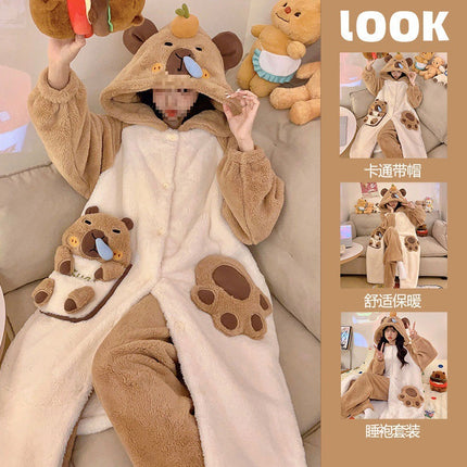 Autumn and Winter Coral Velvet Pajamas Cartoon Nightgown Set Capibala Women's Velvet Thickeneded Cold-Proof and Warm Home Clothes