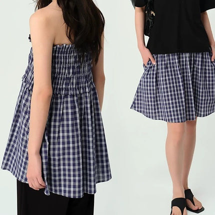 Fn Clean Explai“Blue Moment” Plaid Skirt Women's 2025 Casual Relaxed Easiest for Match Umbrella Skirt