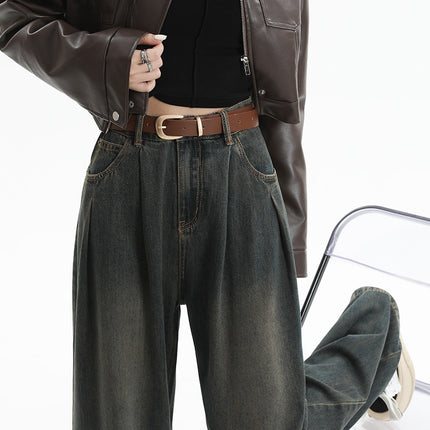 Dark Blue Wide-Leg Jeans for Women 2023 Summer New High-Waisted Straight-Leg Loose Draped Pleated Floor-Length Pants for Tall People