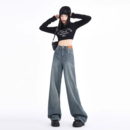 Vintage Blue High-Waisted Slimming Wide-Leg Jeans for Women 2025 Trendy Versatile Korean Style Loose Slimming Straight Long Pants