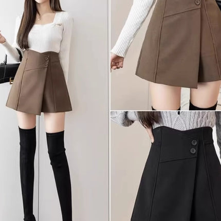 Short Pant Skirt Women's 2025 Spring New Design Sense Button High Waist Wide Leg Pants Fashion Casual Slim A- line Pant Skirt