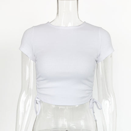 2025 Summer New Amazon European and American Women's Crewneck Drawstring Short-sleeved T-shirt Cotton Rib Slim Fit Crop Top