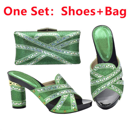 Cross-border Evening with Hot Diamond Shoe Bag Hollow High Heel Round Toe Sandals with Hand Bag Fashion Dinner suit