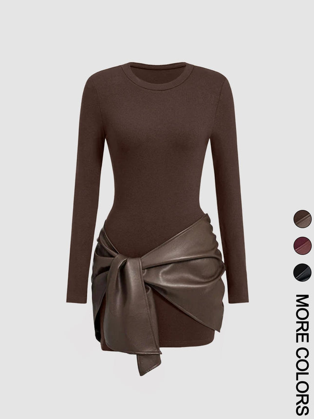 2025 European and American Amazon Women's Pure Color Long-Sleeved Mini Dress + Front Lace-Up Pu Decoration