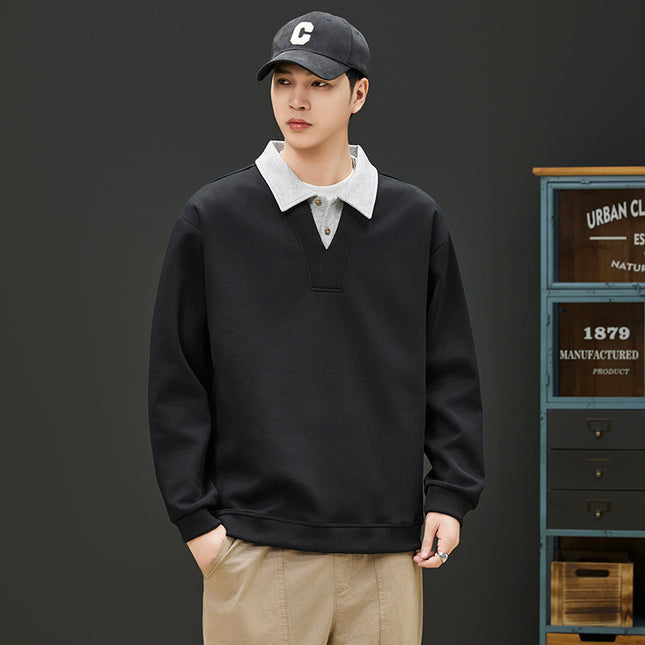 2025 Fake Two-Piece Sweatshirt Men's Trendy Autumn and Winter Loose Pullover Long-Sleeved Tops Men's T-Shirt Bottoming Shirt