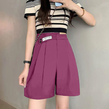 Ice Silk Suit Shorts Women's Summer Thin Five-quarter Pants Loose Wide-leg High-waisted Large Size Double-button Straight Slim Mid-pants
