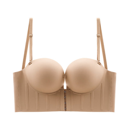 Cross-Border Front-Clasp Thickened Round Cup Push-Up Side-Gathering Bra, Wireless Underwear, Sexy U-Shaped Back Bra