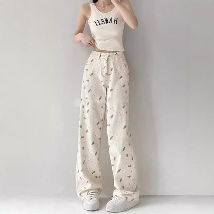 Beige Bear Printed Jeans Women's American-style Printed plus size High-waisted Slim-fit Loose Micro-elastic Straight-leg Wide-leg Pants