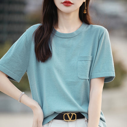 24 New Summer ShorT-sleeved T-shirT Women's Round Neck Pullover Simple Half-sleeved T-shirT Fine ImiTaTion Wool KniTTed Top Loose