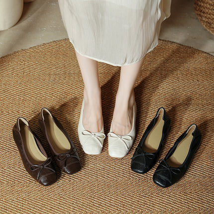 Retro Soft Goatskin Bow Round-Toe Flats for Women, Spring & Fall Bean Shoes, Ballet Thick Heels, Medium Heels, Soft-Soled Granny Shoes