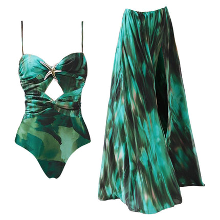 2025 new European and American cross-border new Amazon AliExpress dark green printed starfish decorative one-piece swimsuit for women