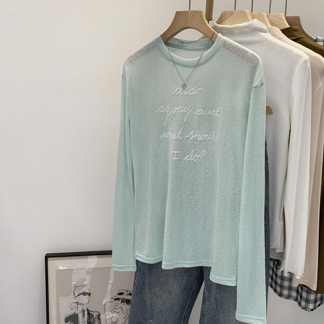 Summer Ootd Lyocell Tencel Fashion Letter Print Mint Green Long-Sleeved T-Shirt for Women 2025 New Style Right Shoulder