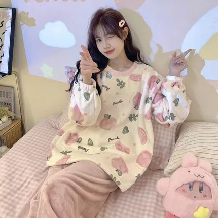 2024 New Autumn and Winter Coral Velvet Cartoon Stripesd Women's Pajamas Thickeneded and Wearable Home Wear Set