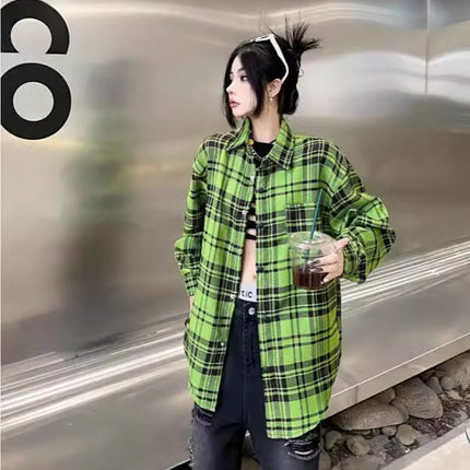 Retro Long Sleeve Plaid Shirt Women's Shirt Design Sense Niche Spirit Young Guy Chic Beautiful Green Jacket Trendy