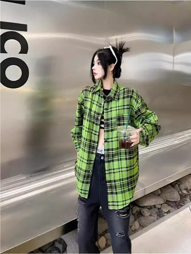 Retro Long Sleeve Plaid Shirt Women's Shirt Design Sense Niche Spirit Young Guy Chic Beautiful Green Jacket Trendy