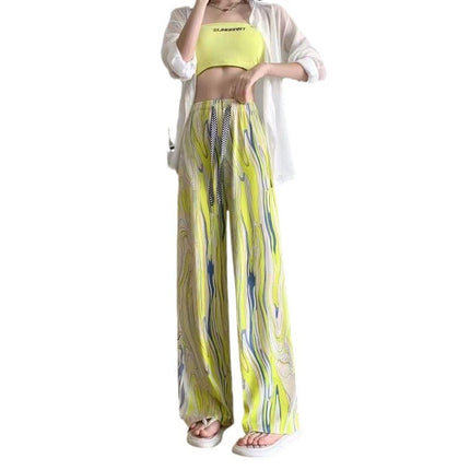 Ice silk tie-dye printed vertical wide leg pants summer thin high waist slim loose casual mop straight pants wholesale