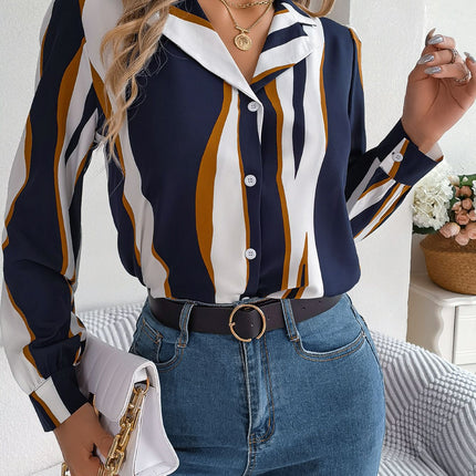 Real Shot of 2026 Spring/Summer European and American Casual Versatile Color-Block Striped Suit Collar Long-Sleeve Shirt for Women, Available on Independent Cross-Border Platforms