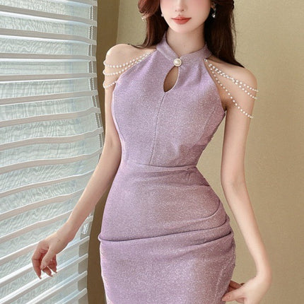 Real shot retro sexy off-the-shoulder Pearl decorative chain cheongsam collar sheath short dress evening work clothes