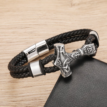 European and American Cross-border Hot Sale Thor's Hammer Woven Viking Jewelry Cowhide Rope Bracelet Stainless Steel Magnetic Buckle Bracelet