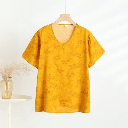 Retro Style Cotton Short-sleeved Women's Middle-aged and Elderly Mother's Vest Printed Outer Wear Base-layer Shirt All-match Artificial Cotton Top