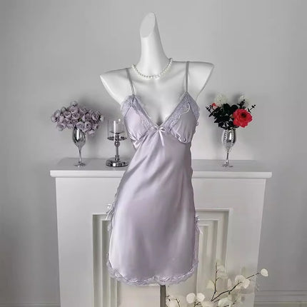 French-Style High-End Ice Silk Camisole Nightdress for Women, Summer Lace with Chest Pad, Sexy Sleepwear, Pure Desire Style Set, Loungewear