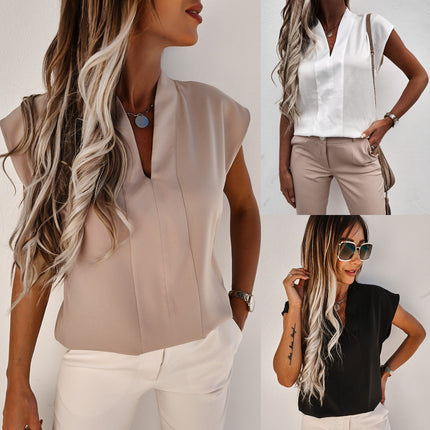 Cross-Border 2026 Spring and Summer New Style Wish Amazon Ebay European and American Solid Color V-Neck Short-Sleeved T-Shirt Tops Foreign Trade Women's Clothing