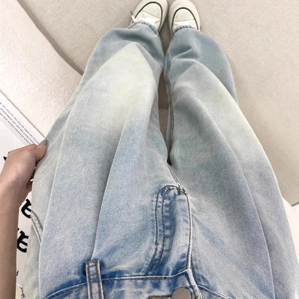 Women's Summer Thin High-Waisted Loose Drape Slimming Versatile Light-Colored Straight-Leg Jeans