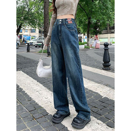 2025 Two-Button Drapey Floor-Length Pants Korean Style Petite Wide-Leg Pants High-Waisted Jeans Retro Vintage Women's