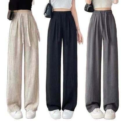 2025 New Ice Silk Wide-Leg Pants for Women, Summer High-Waisted Drawstring Textured Lazy American Casual Thin Floor-Length Pants