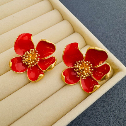 Oscar European and American Style Exaggerated High-End Old Vintage Enamel Flower Drip Glaze Earrings Niche Design Earrings for Women