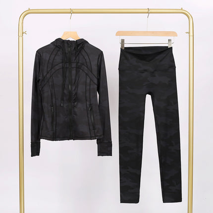Lulu Df Stamped Hooded Jacket and Cropped Pants Set, Tight-Fitting Stretch Jacket with Gold Zipper, Fitness Yoga Outfit