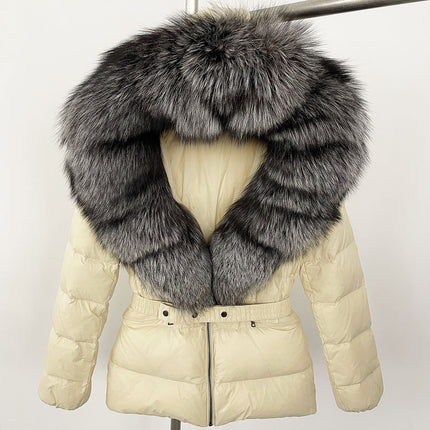 25 New Foreign Trade Hot Style Short Women's Real Fox Fur Collar down Jacket Thickened Slim Waist Fur down Jacket