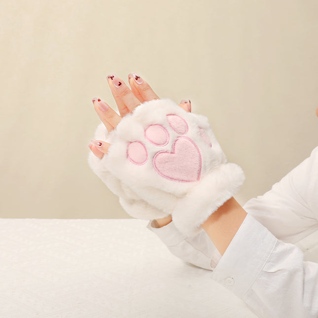 Cute Cat Claw Plush Gloves for Women in Autumn and Winter K-Style Ins Students Versatile Half-Finger Touch Screen Thickeneded Warm Split Fingers