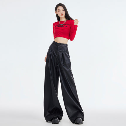 Eye-Catching Moment 2025 Autumn and Winter Versatile American Retro Elastic Waist Wide-Leg Casual Loose Black Leather Pants
