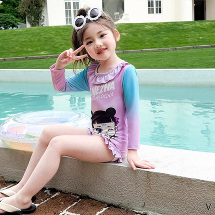 Quick-Drying Sun-Protective Girls' Swimsuit Summer One-Piece Little Girl's Hot Spring Swimming Children's Beachwear Summer Long-Sleeved Swimsuit