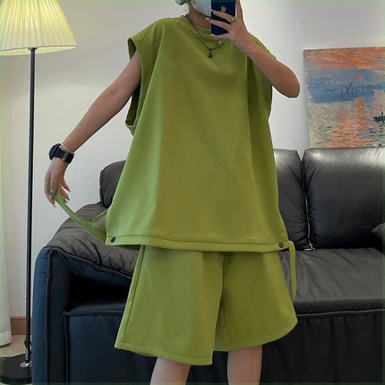 Summer New Trendy Loose-Fitting Large-Size Vest Set for Teenagers, Two-Piece Sports Set, Men's Sleeveless Vest, Casual