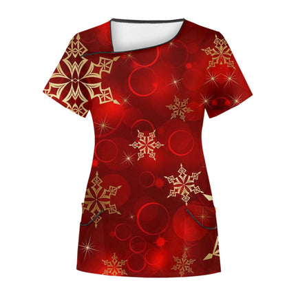 Cross-Border Aliexpress Amazon Women's Short-Sleeved Christmas Positioning Printed Flap Pocket Pants Top Scrub Clothes T-Shirt