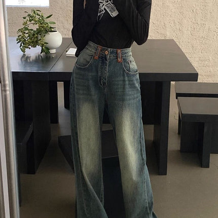 American Retro Straight-Leg Jeans for Women, 2025 Spring New High-Waisted Fashionable Versatile Loose Floor-Length Pants