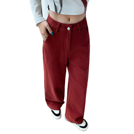 Ankola Red Wide Leg Jeans Women's 2024 Winter fleece-lined Loose Small wine red Retro Grandma Pants