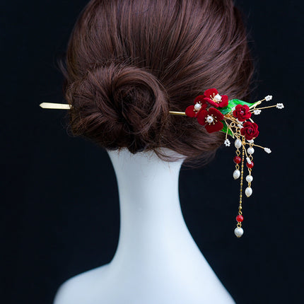 Toast Clothing Side Clip Headwear Tassel Side Clip Red Rose Hairpin Classical Cheongsam Hanfu Daily Accessories