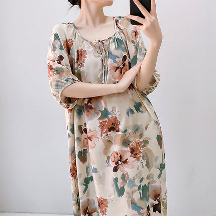 2026 New Cotton Silk Nightgown for Women, High-End Printed Short-Sleeved Long Dress, Large Size, Thin Style, Can Be Worn Outside as Loungewear