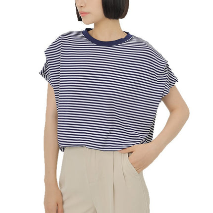 Japanese and Korean Summer New Striped T-Shirt Women's Round Neck Bat Sleeve Loose Slimming Pure Cotton Short-Sleeve Top Cross-Border in Stock