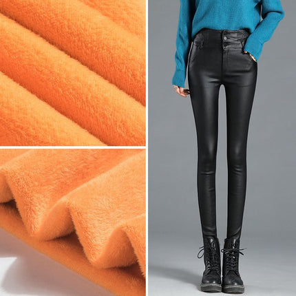 Women's Faux Leather Leggings for Outerwear, Popular Style, Extended Length, High-Waisted, Slimming, Matte Pu Imitation Leather, Skinny Pants, Trendy for Autumn 2025