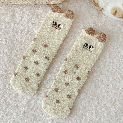 Coral Fleece Socks for Women, Mid-Calf, Winter Warm Thickened Maternity Socks, Three-Dimensional Plush Cartoon Home Floor Socks
