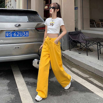 Wholesale Dropshipping Trendy Spring Lemon Yellow Casual Women's Straight Loose Wide-Leg Floor-Length Lazy Style Jeans