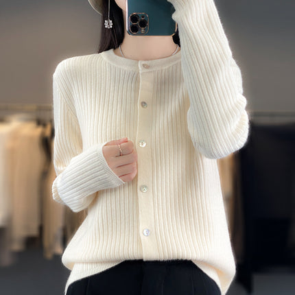 Spring and Autumn New Round Neck Cashmere Cardigan Women's Loose Casual All-match Long Sleeve Sweater Fashionable Elegant Outer Jacket