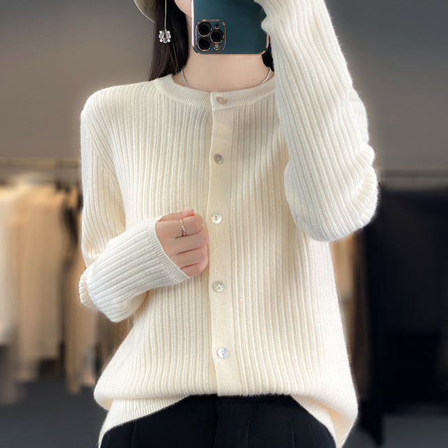 Spring and Autumn New Round Neck Cashmere Cardigan Women's Loose Casual All-match Long Sleeve Sweater Fashionable Elegant Outer Jacket